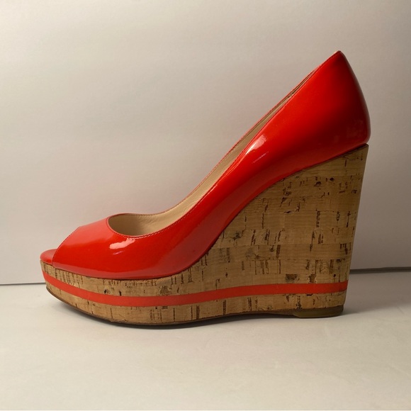 Prada open Toe Pumps Heels wedge platform patent leather red 37 - Picture 2 of 9
